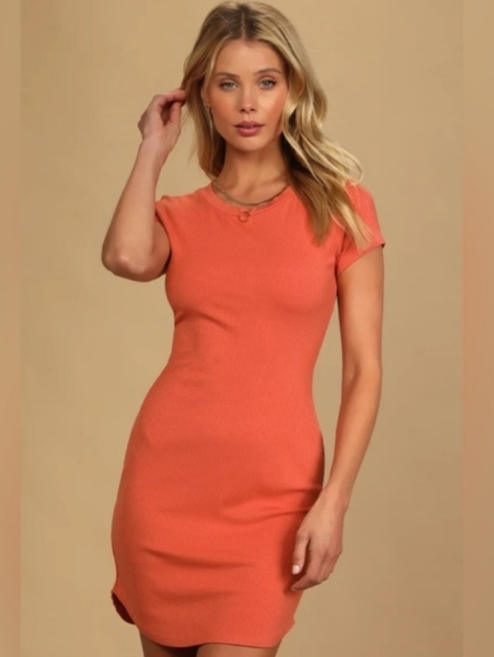 🍊 Lulus Going On a Stroll Orange Ribbed Body Con Dress Juniors L Womens S/M